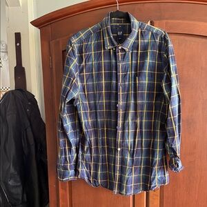GAP Men's Navy and Yellow Plaid Button Down Shirt